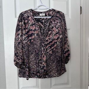 Pink and Black Printed V-Neck Blouse